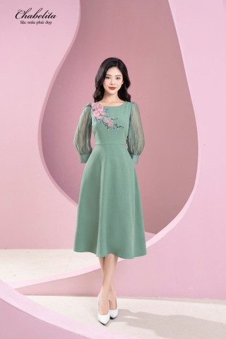 Đầm thuê hoa phối tay màu xanh