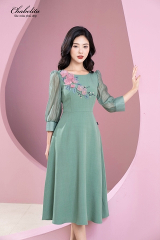 Đầm thuê hoa phối tay màu xanh