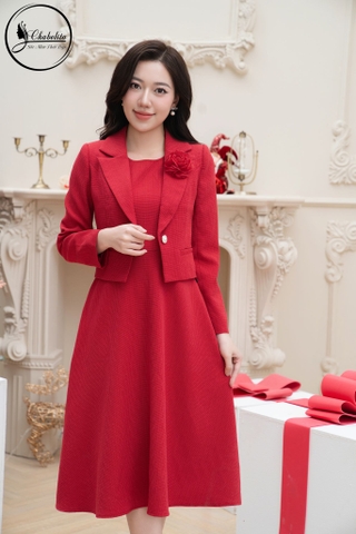 Sét bộ váy kèm áo vest màu đỏ