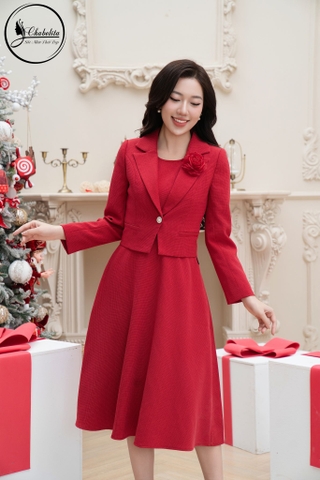 Sét bộ váy kèm áo vest màu đỏ