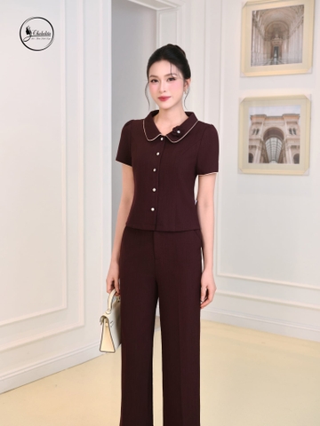 Áo sơ mi cổ sen phối viền đính hoa màu tím