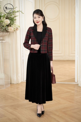 Áo vest dạ dáng ngắn kẻ đỏ