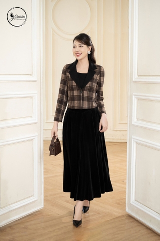 Áo vest dạ dáng ngắn kẻ nâu