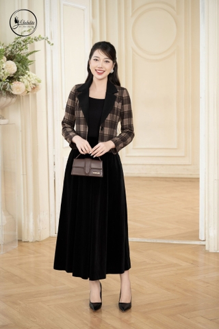 Áo vest dạ dáng ngắn kẻ nâu