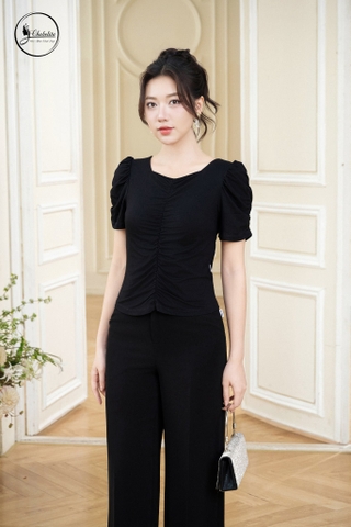 Áo cotton cổ vuông màu đen