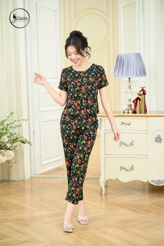 Sét bộ áo cộc tay cổ tròn hoa đen