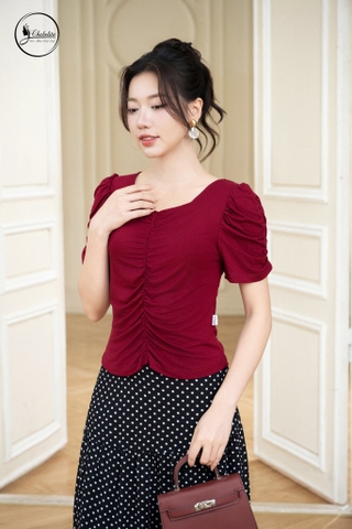 Áo cotton cổ vuông màu đô