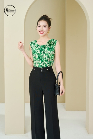 Áo sát nách cổ tròn đính hoa xanh