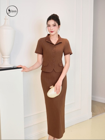 Áo sơ mi cổ bẻ phối kẻ màu nâu