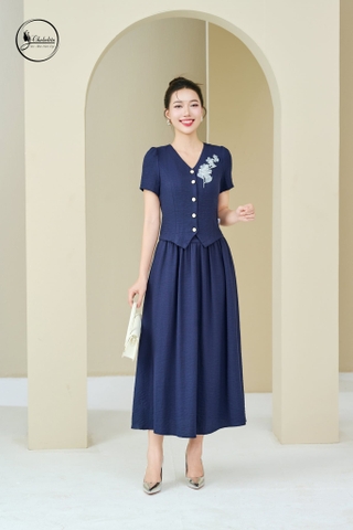 Sét bộ áo tay cộc cổ tim phối chân váy màu xanh than