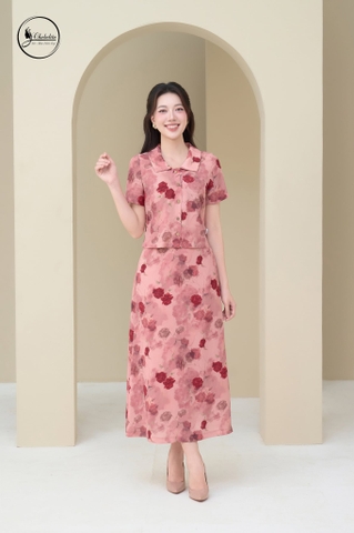 Sét bộ hoa áo sơ mi phối chân váy màu hồng