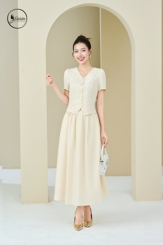 Sét bộ áo tay cộc cổ tim phối chân váy màu be