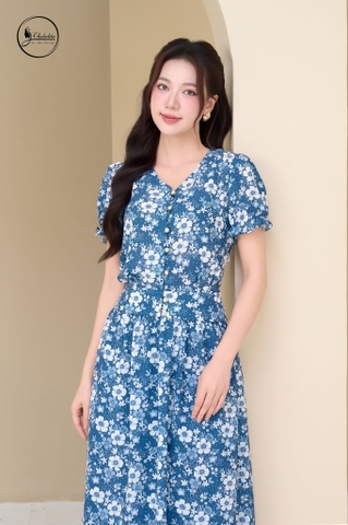 Sét bộ hoa sơ mi crotop phối chân váy màu xanh