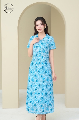 Sét bộ hoa áo sơ mi phối chân váy màu xanh