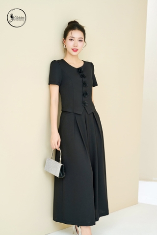 Sét bộ áo sơ mi tay cộc đính hoa nổi màu đen