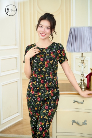 Sét bộ áo cộc tay cổ tròn hoa đen