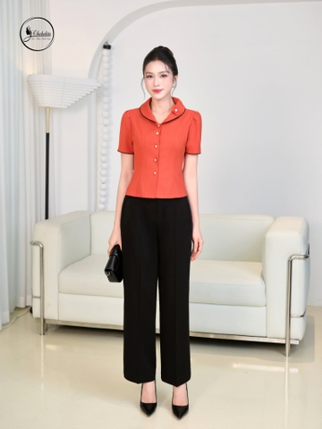 Áo sơ mi cổ sen đính hoa màu cam