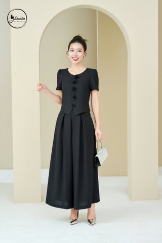 Sét bộ áo sơ mi tay cộc đính hoa nổi màu đen