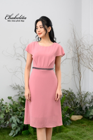 Đầm von đính đá eo màu hồng