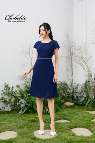 Đầm von đính đá eo màu xanh