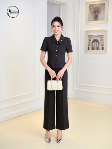 Áo sơ mi cổ đức đính hoa màu ghi