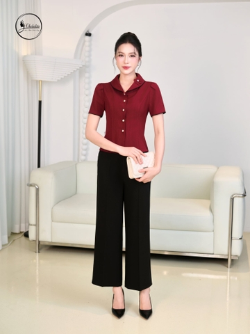 Áo sơ mi cổ sen đính hoa màu đỏ