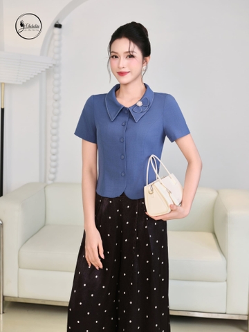 Áo sơ mi cổ sen phối viền màu xanh