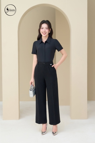 Quần suông trang trí cạp màu đen