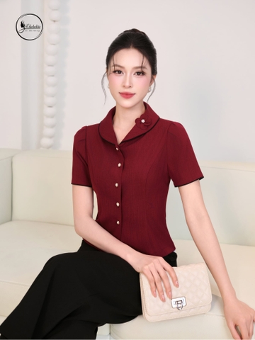 Áo sơ mi cổ sen đính hoa màu đỏ