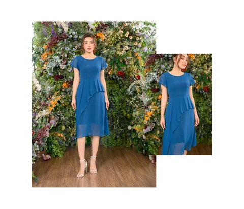 Đầm xếp ly phủ ngoài màu xanh