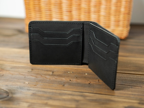 Ví da bò đen cổ điển, ví nam vintage wing wallet manuk leather