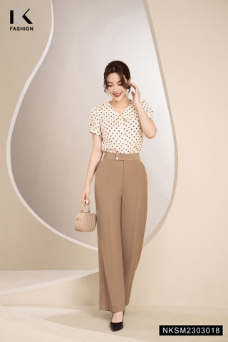 Áo Sơ Mi Chấm Bi Cộc Tay Lá Cổ NKSM2303018