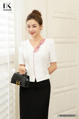 NK FASHION Áo Sơ Mi Tay Lỡ Cúc Bọc Nẹp Cổ NKSM2305035
