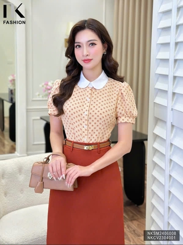 Áo Sơ Mi Cộc Tay Hoạ Tiết Phối Cổ NK Fashion Công Sở Nữ Thanh Lịch Vải Mềm Mịn NKSM2406008