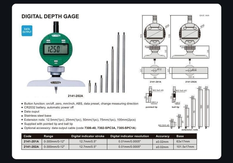 Thước đo độ sâu điện tử INSIZE 2141-201A (0-300mm/0-12)