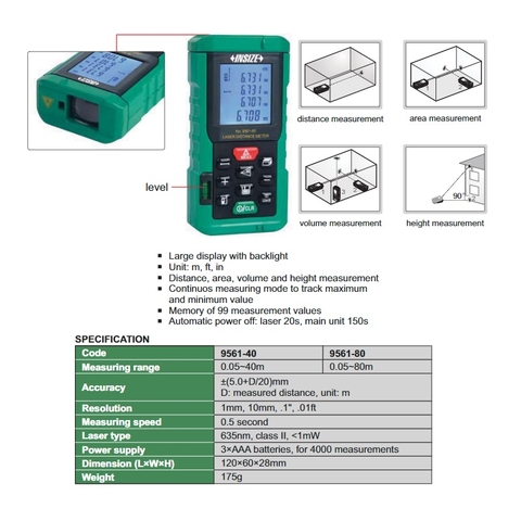 Máy đo khoảng cách có thước thủy INSIZE 9561-80 ( 0.05~80m )