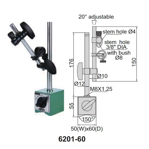 Đế từ INSIZE 6201-60 ( Cần gá điều chỉnh góc 20° )