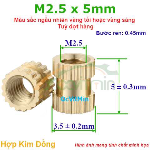 Đai Ốc Cấy Nhựa M2.5x5mm - ø3.5mm Tán Đồng - Dai Oc Tan Dong Ecu Cay Nhua