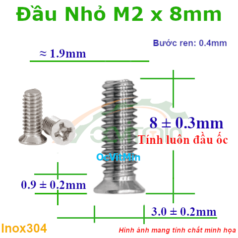 Ốc Bake Đầu Bằng Nhỏ M2x8mm Inox304 - Oc PaKe Dau Dep Bang Nho