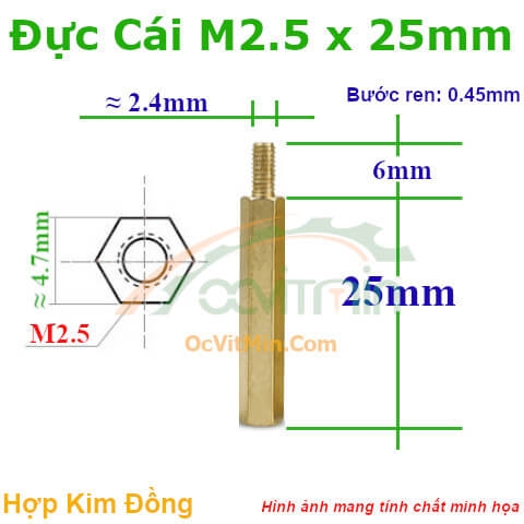 Trụ Đồng Đực Cái Lục Giác M2.5x25mm - Tru Dong Duc Cai Luc Giac