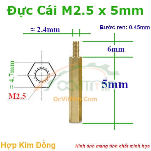 Trụ Đồng Đực Cái Lục Giác M2.5x5mm - Tru Dong Duc Cai Luc Giac