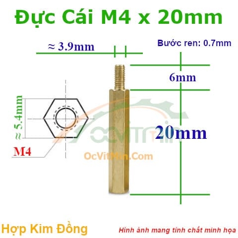 Trụ Đồng Đực Cái Lục Giác M4x20mm - Tru Dong Duc Cai Luc Giac