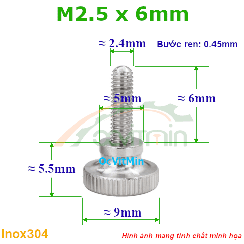 Núm Vặn Ren Ngoài M2.5x6mm Inox304 Vặn Tay - Num Van Tay Ren Ngoai