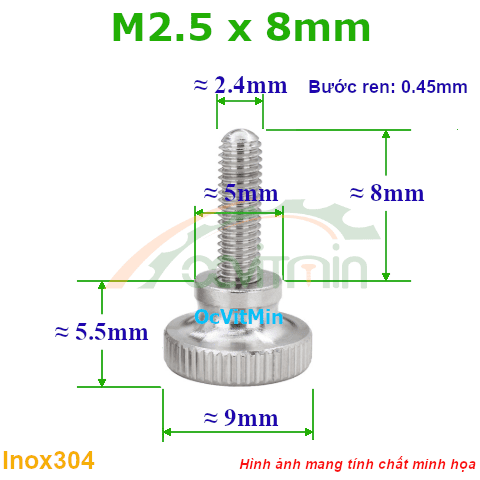 Núm Vặn Ren Ngoài M2.5x8mm Inox304 Vặn Tay - Num Van Tay Ren Ngoai