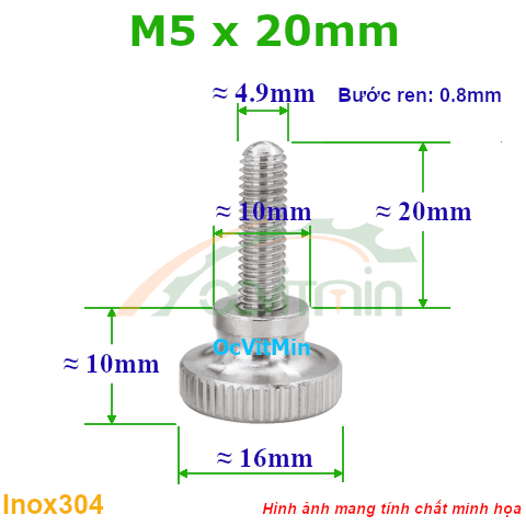 Núm Vặn Ren Ngoài M5x20mm Inox304 Vặn Tay - Num Van Tay Ren Ngoai