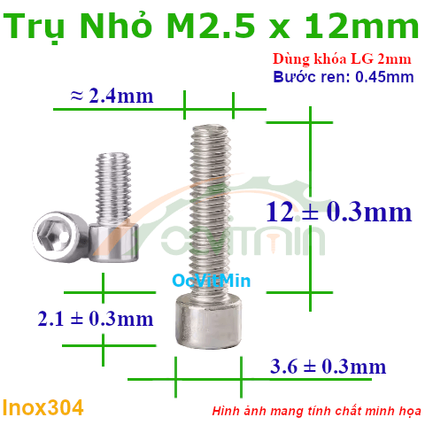 Ốc Lục Giác Đầu Trụ Nhỏ M2.5x12mm Inox304 - Oc Luc Giac Dau Tru Nho