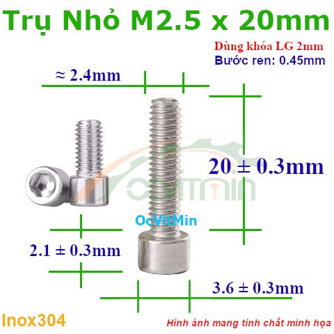 Ốc Lục Giác Đầu Trụ Nhỏ M2.5x20mm Inox304 - Oc Luc Giac Dau Tru Nho