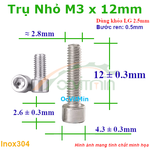 Ốc Lục Giác Đầu Trụ Nhỏ M3x12mm Inox304 - Oc Luc Giac Dau Tru Nho