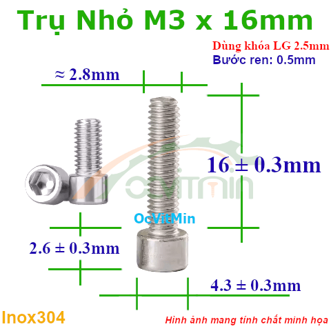 Ốc Lục Giác Đầu Trụ Nhỏ M3x16mm Inox304 - Oc Luc Giac Dau Tru Nho
