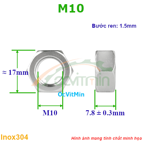 Đai Ốc Lục Giác M10 Tán Inox304 - Dai Oc Tan Ecu Luc Giac
